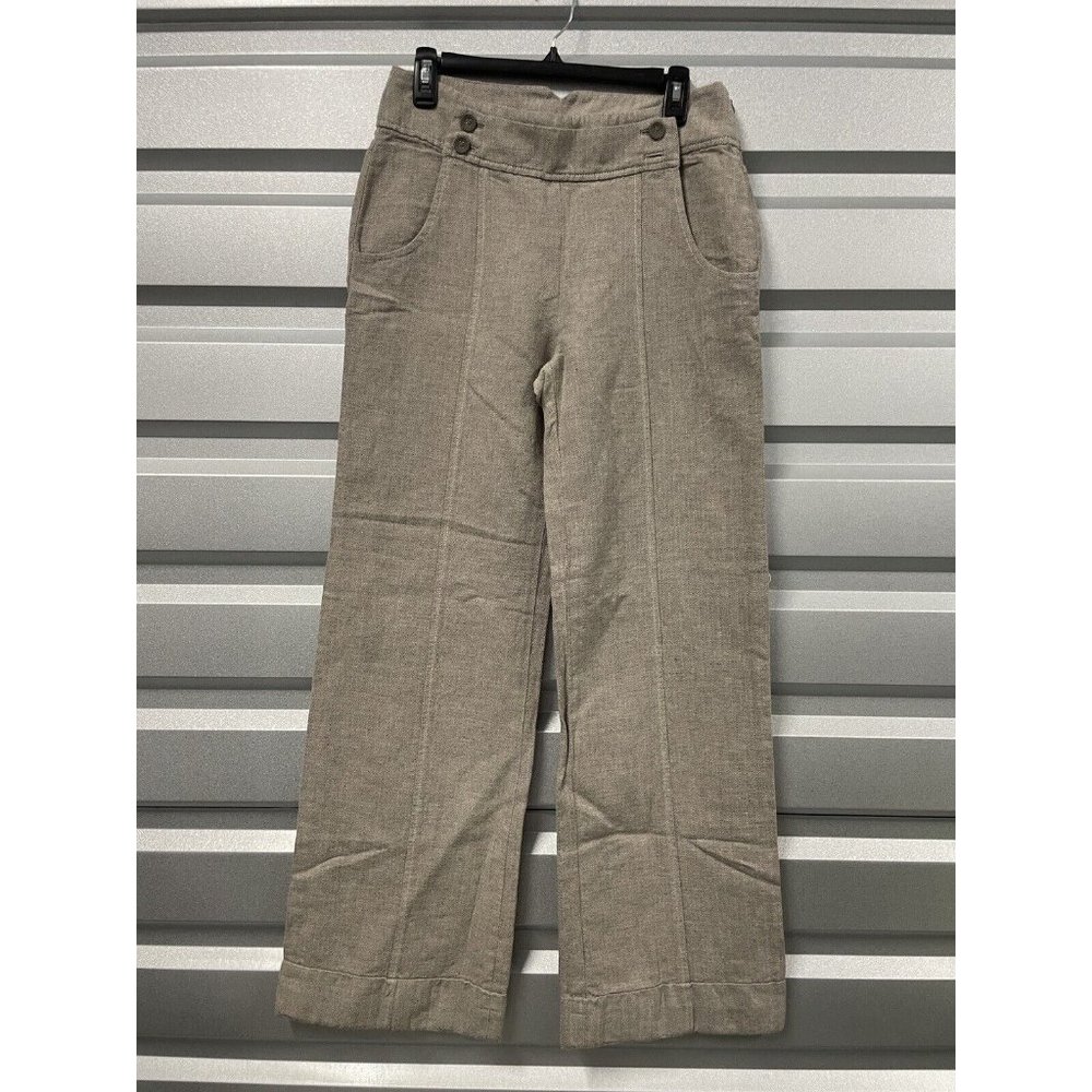 Elevenses Wide Leg Pants Women’s 8 Linen Blend Button Anthropologie Cuff Hem Tan